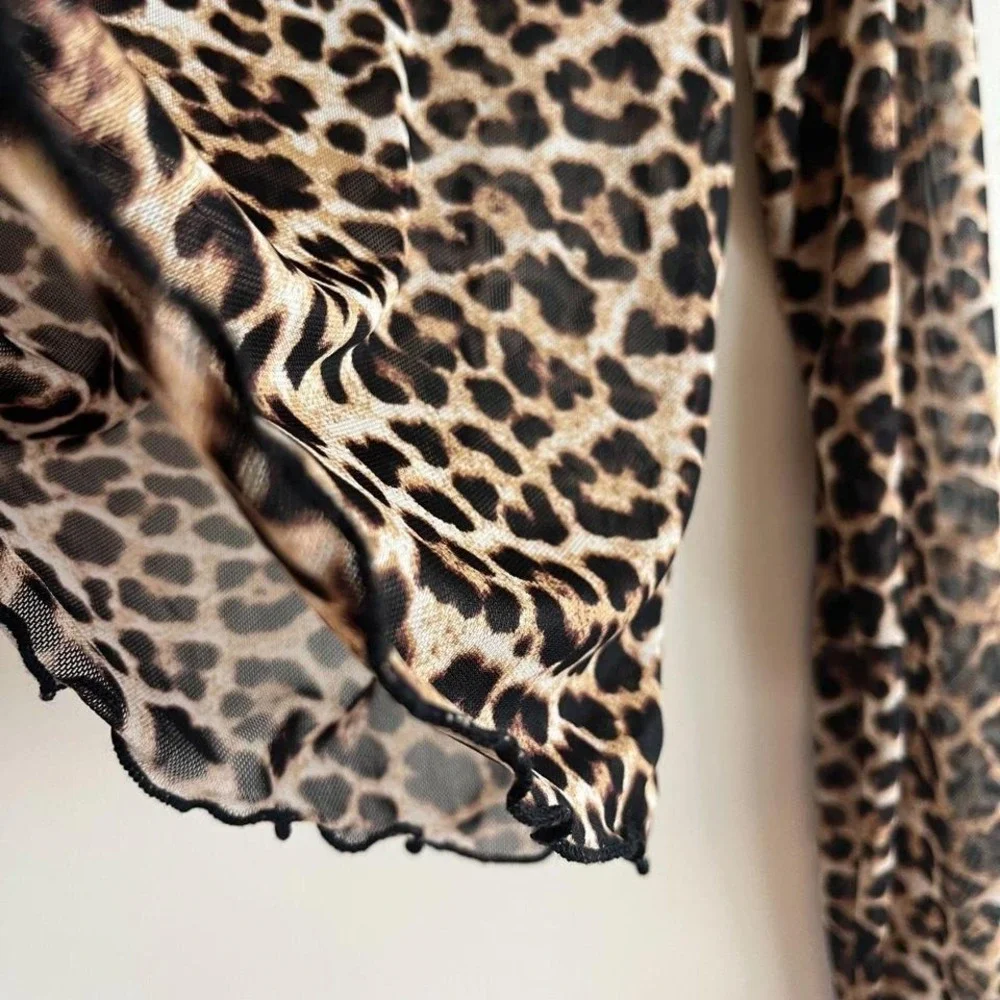 Altar'd State Mesh Leopard Print Crop Top S Long Sleeve Lettuce Hem Sheer Y2K